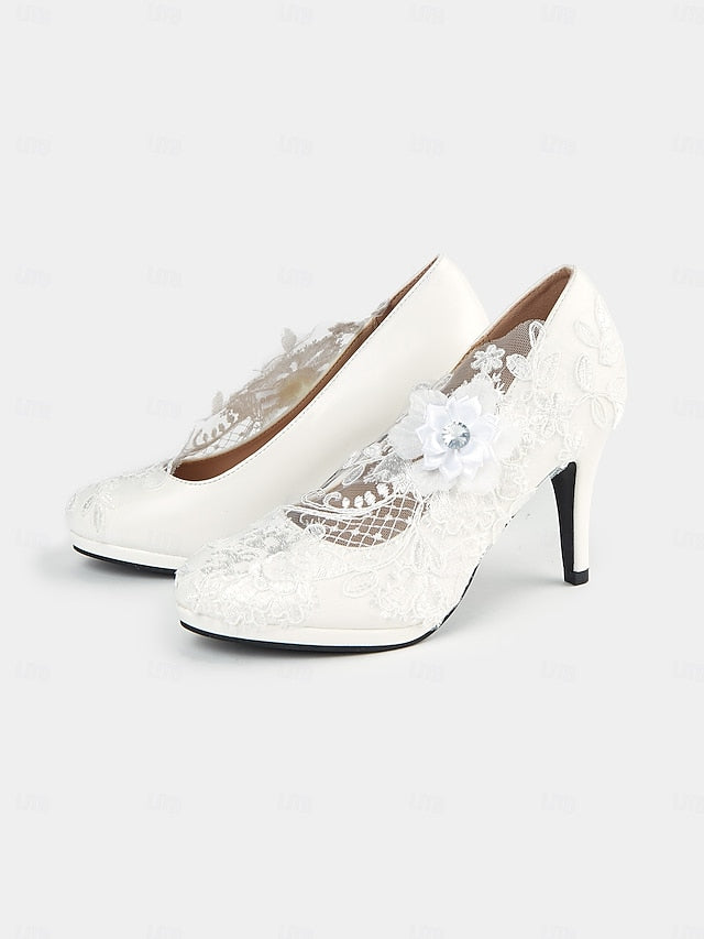 – White Floral Embellishments Lace with High Heel Bridal Shoes