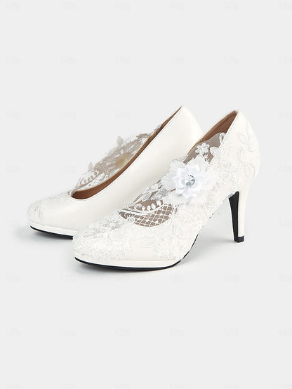 – White Floral Embellishments Lace with High Heel Bridal Shoes