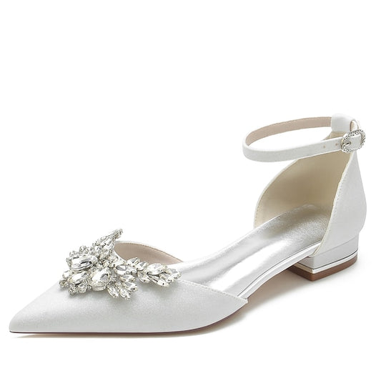 White Design Flats Rhinestone – Satin with Floral Women's