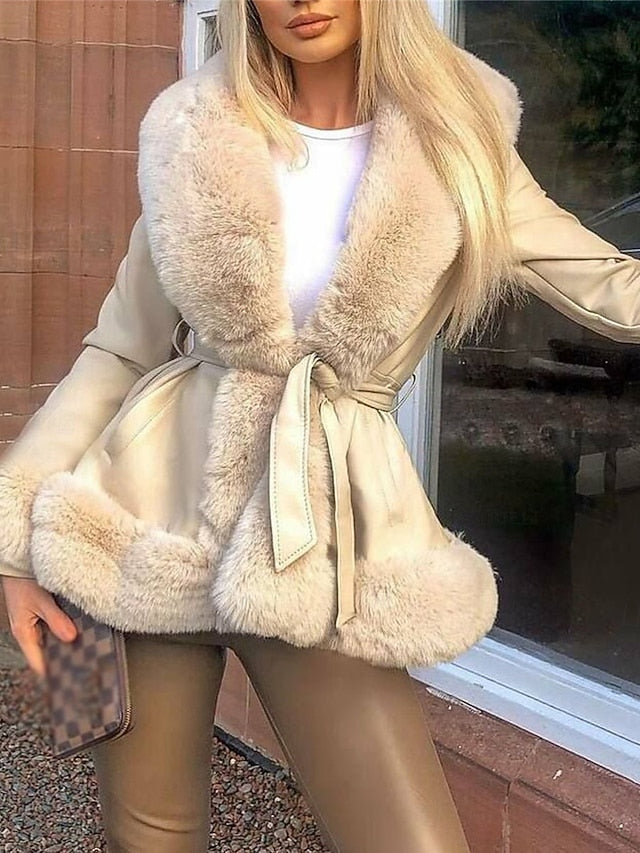 Leather Faux Women's Fur Breathable Collar Warm Jacket
