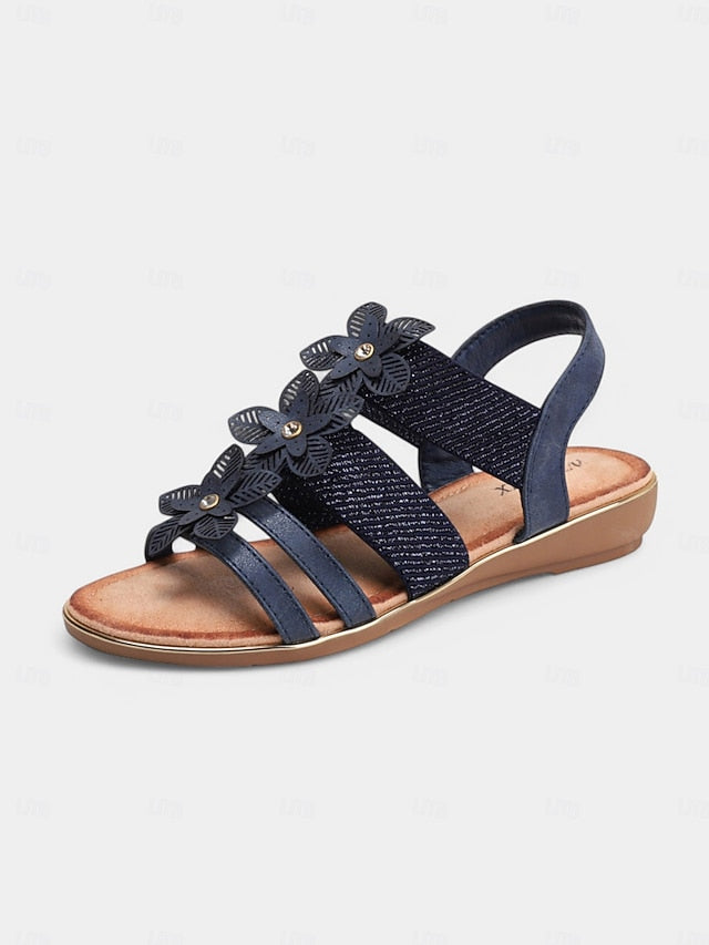 Women's Beige Sandals Floral Flat Elegant – Rhinestone