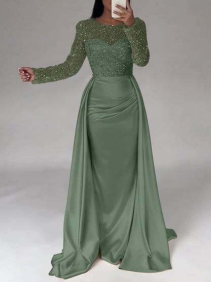 Evening Long Dress Gown Mermaid RuchedSatin Sleeves Sequin