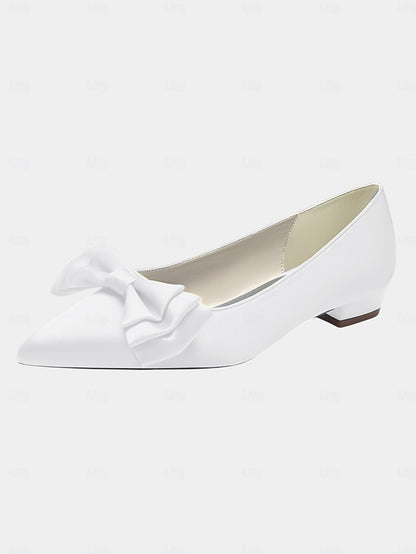 Satin Toe Pointed Green Bow Elegant - Women's Flats