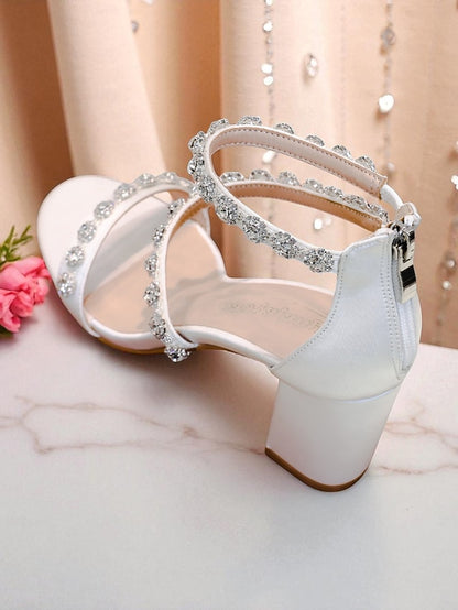 Elegant White Sandals Women's Block Rhinestone Heel - Open