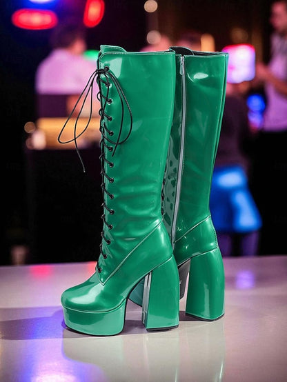 Lace-Up Platform Metallic - Women's Boots High Knee Silver