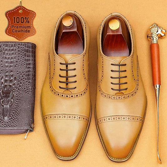 Leather Wingtip Genuine Light Brown Oxford Shoes with Men's