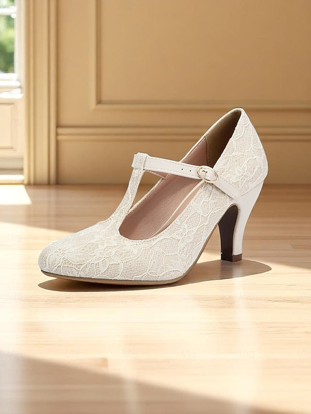Mid T-Strap Lace Vintage Ivory Pumps-1920s Heel Women's
