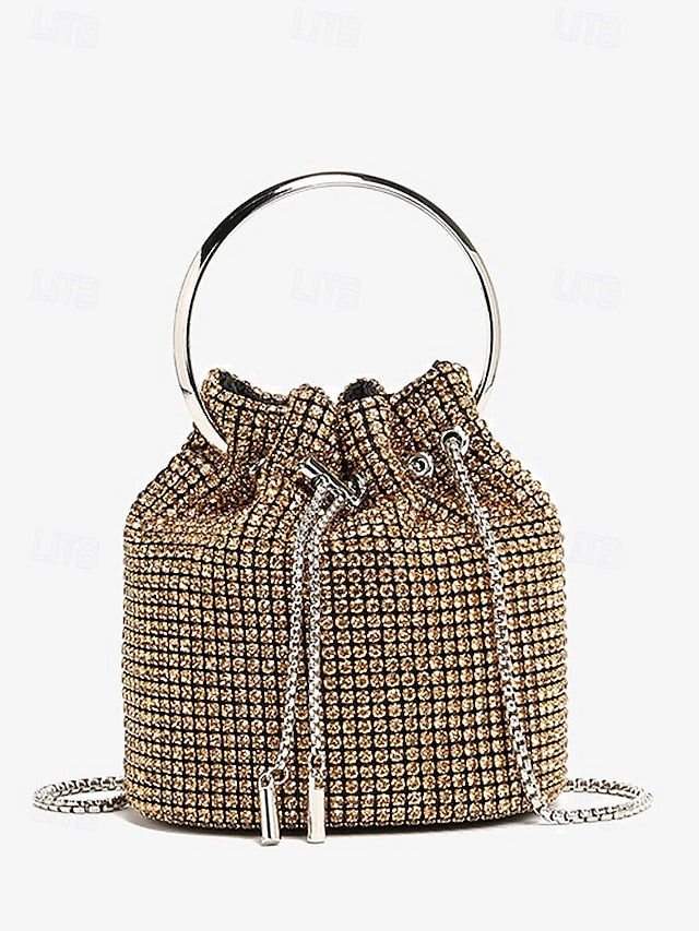 Women's Sparkling Silver with Metal Bucket Bag Rhinestone