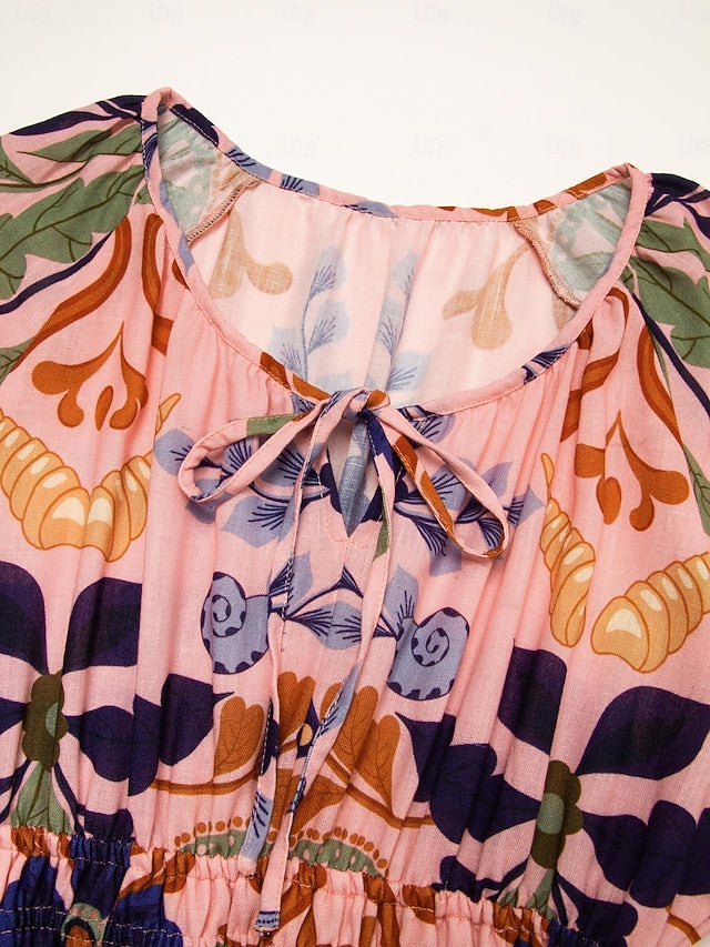 Floral Lace Up Elegant Short Sleeve Midi Dress