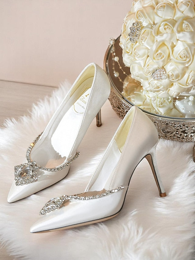 Crystal with Satin Wedding Pointed Women's Toe Heels White