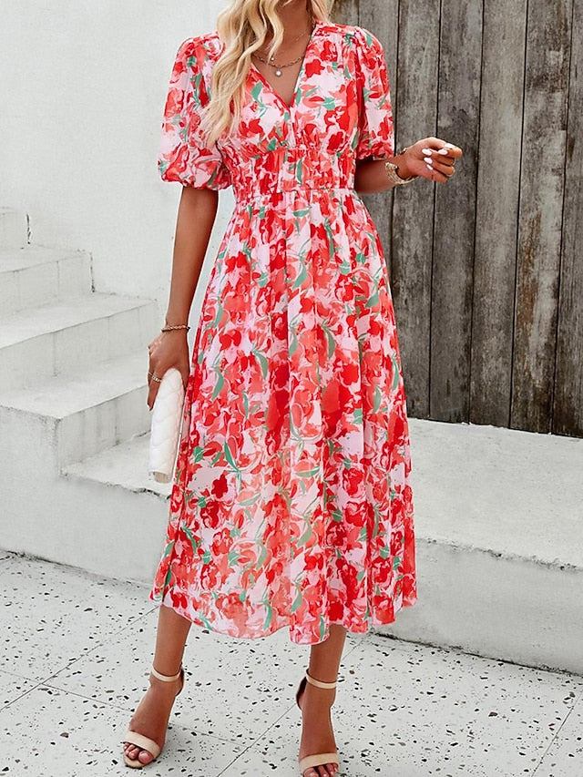 Women's Casual Dress Floral Print V Neck Midi Dress Ethnic