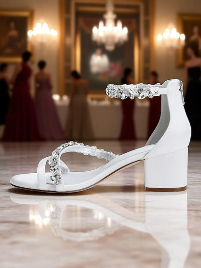 Purple Satin Crystal Sandals - Women's Heel Block