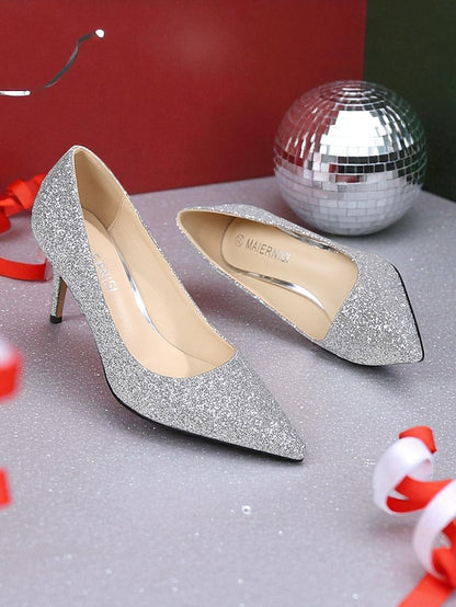 Pumps Gold Pointed-Toe - Stiletto Sparkly Glitter Women's