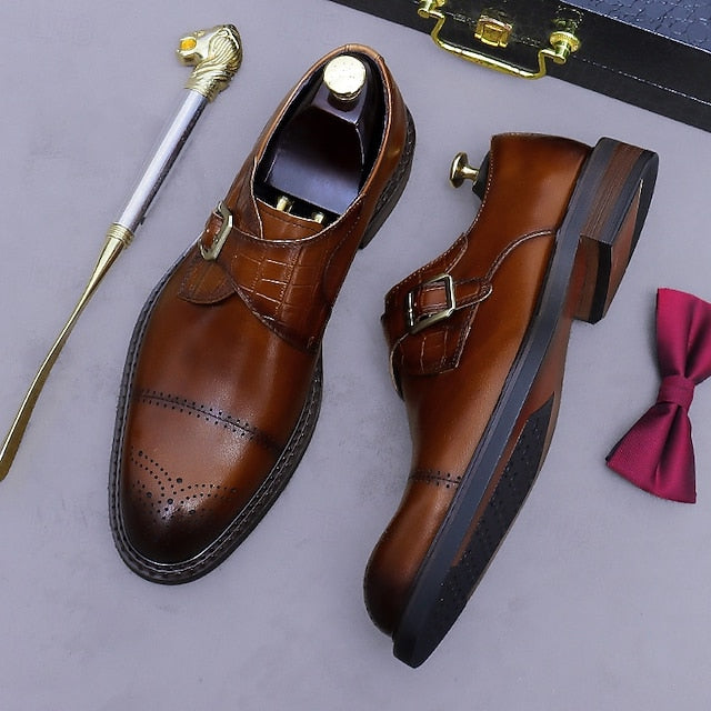 Genuine Leather Strap Black First Dress Monk Men's Shoes-