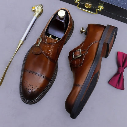 Genuine Leather Strap Black First Dress Monk Men's Shoes-