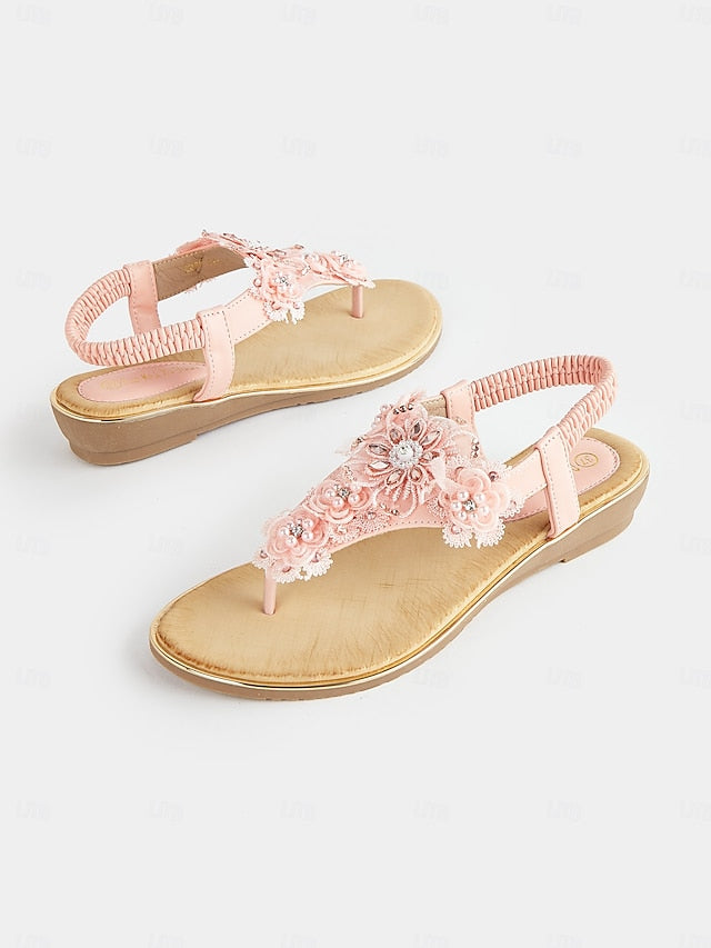 Women's T-Strap Lace Sandals Floral Embellished Pink –