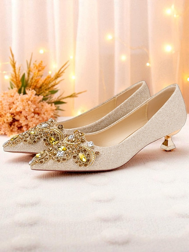 Women's Low Heel with Pointed-Toe Glitter Gold Pumps