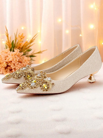 Women's Low Heel with Pointed-Toe Glitter Gold Pumps