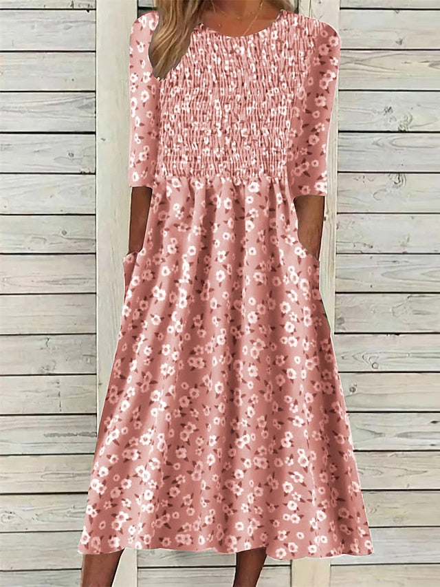 Women's Midi Dress Floral Ditsy Ruched Pocket Crew Neck