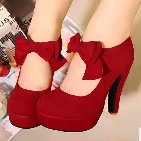 Pumps Bow Suede Vintage Platform High Women's Heel – Red