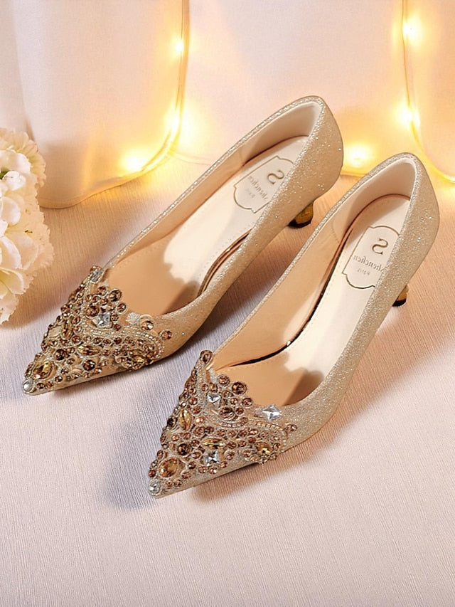 Women's Low Heel with Pointed-Toe Glitter Gold Pumps