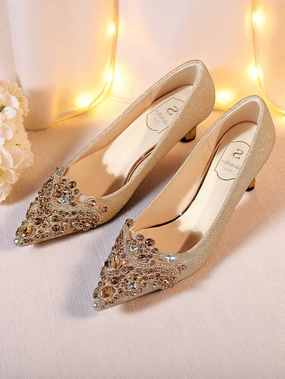 Women's Low Heel with Pointed-Toe Glitter Gold Pumps