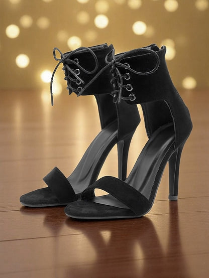 Heel Women's High Lace-Up Sexy Strap - Ankle Black Sandals