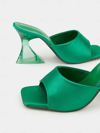 Mules Green with Transparent Satin Block Heels Open-Toe for