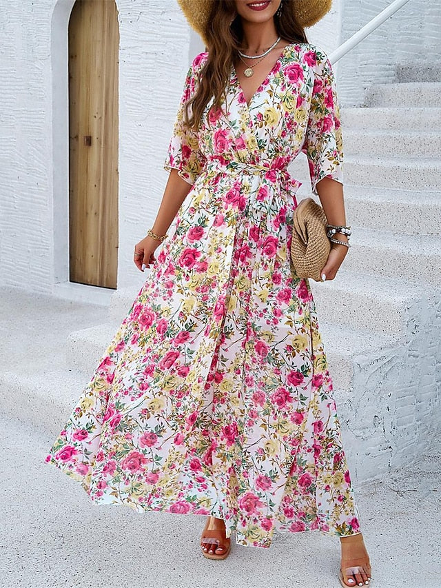 Women's Casual Dress Floral Print V Neck Long Dress Maxi