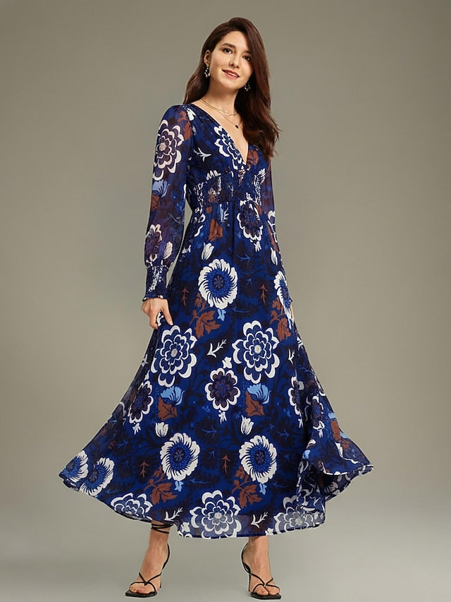 Chiffon Floral Composite Print Elegant Maxi Dress Banquet