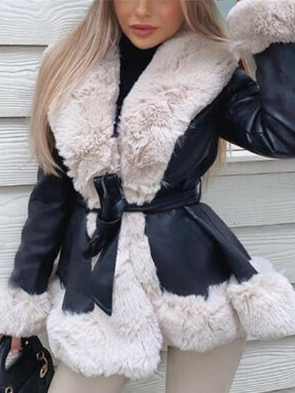 Leather Faux Women's Fur Breathable Collar Warm Jacket