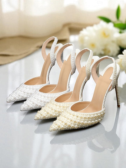 Pearl-Embellished Women's Leather Heels White - Slingback