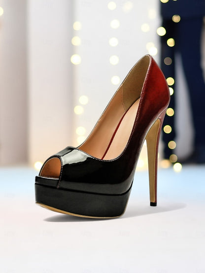 Peep Toe Heels High Black Platform Women's Leather Patent