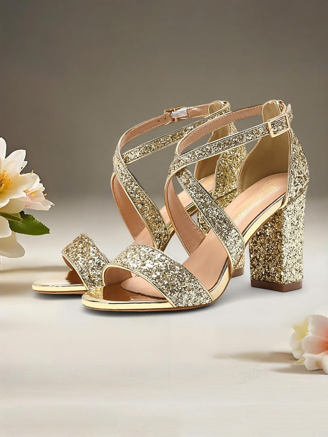 Glitter Gold Sandals Heel Block Women's