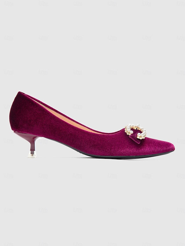 Bow Kitten with Pearl Pumps - Velvet Burgundy Heel Women's
