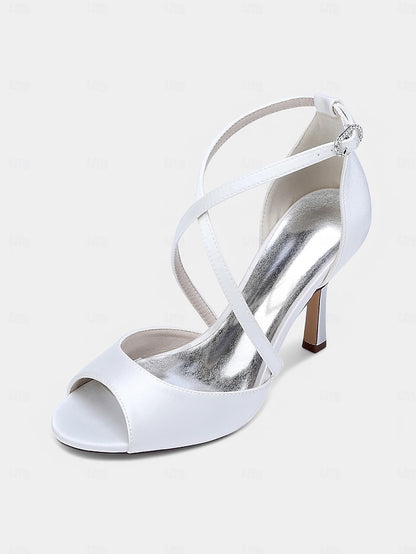Cross-Strap Elegant Satin – Women's Heels White Peep-Toe