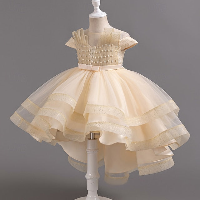 Sleeve Party Color Short Dress Girls' Solid Kids Wedding