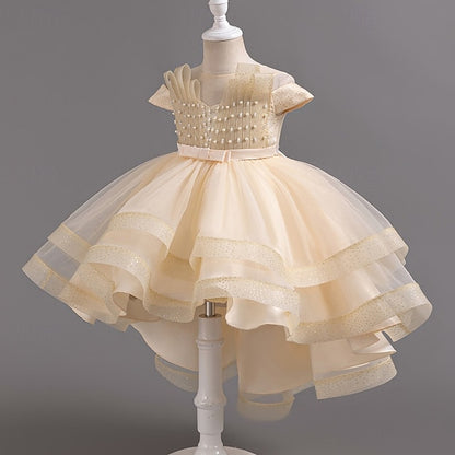 Sleeve Party Color Short Dress Girls' Solid Kids Wedding