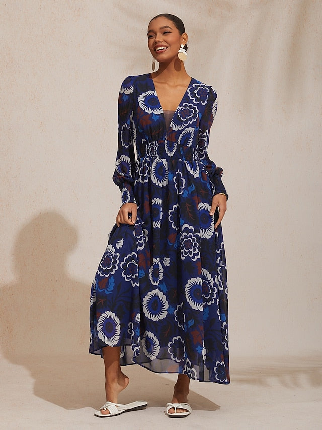 Chiffon Floral Composite Print Elegant Maxi Dress Banquet