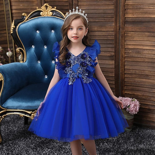 Solid Color Girls' Dress Sequin Flower Kids Party