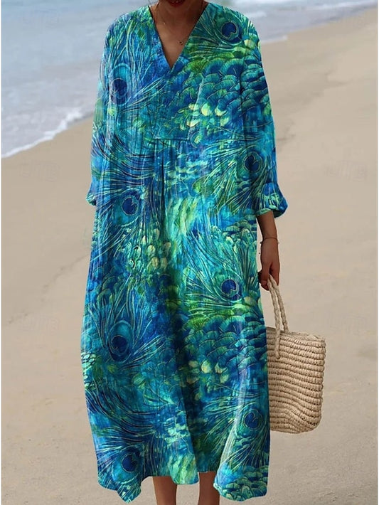 Women's Midi Dress V Neck Long Sleeve Kaftan Lightweight