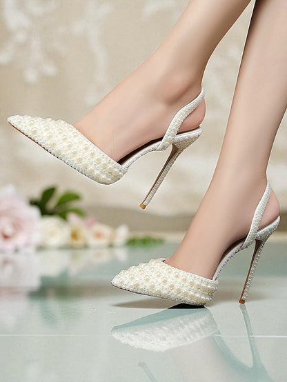 Pearl-Embellished Women's Leather Heels White - Slingback