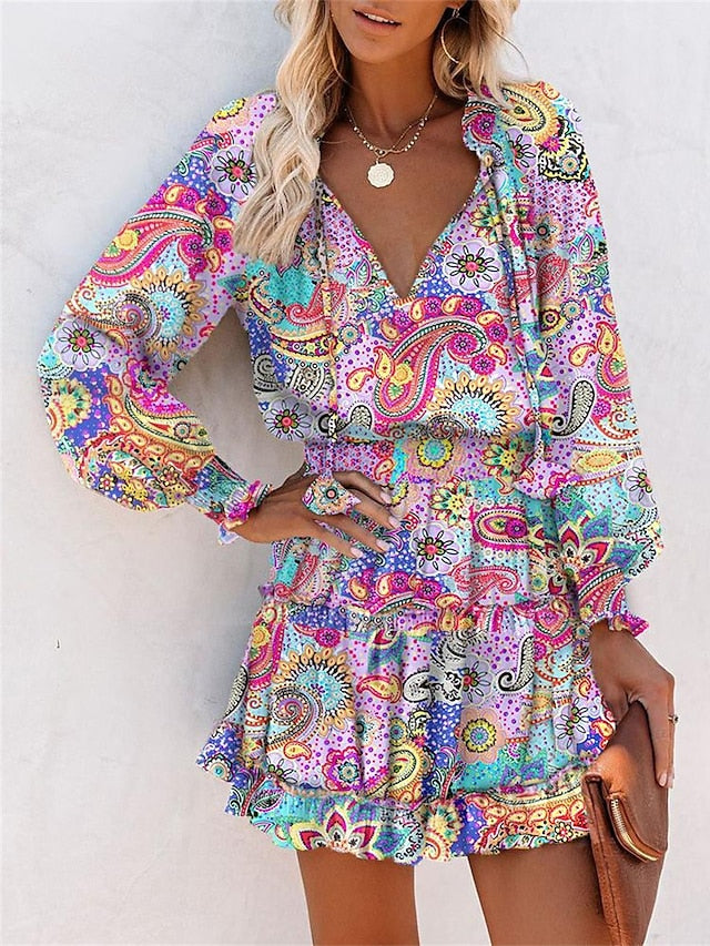 Women's Floral Leopard Ruched Ruffle V Neck Mini Dress