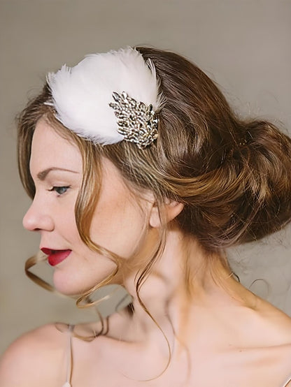 Women's Clip Crystal White Hair Feather - Vintage