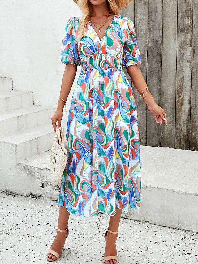 Women's Casual Dress Floral Print V Neck Midi Dress Ethnic