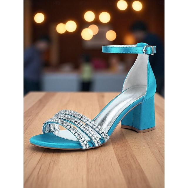 with Sandals Women's Block Heel Purple Rhinestone Satin