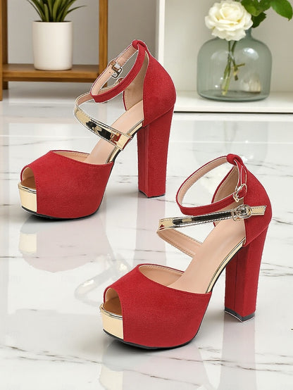 Toe Heel Suede Red Block Sandals Peep Women's Platform -