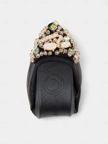Women's Foldable Rhinestone Ballet Black Flats with