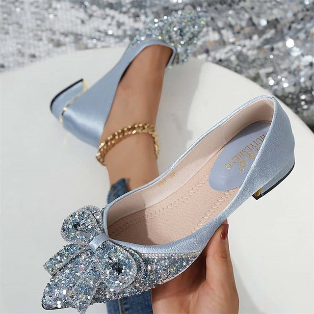 Women's Glitter Flats Rhinestone Detail - Elegant Bow with