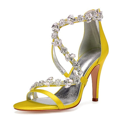 Floral Pink Sandals with High Heel Rhinestone Women's Satin